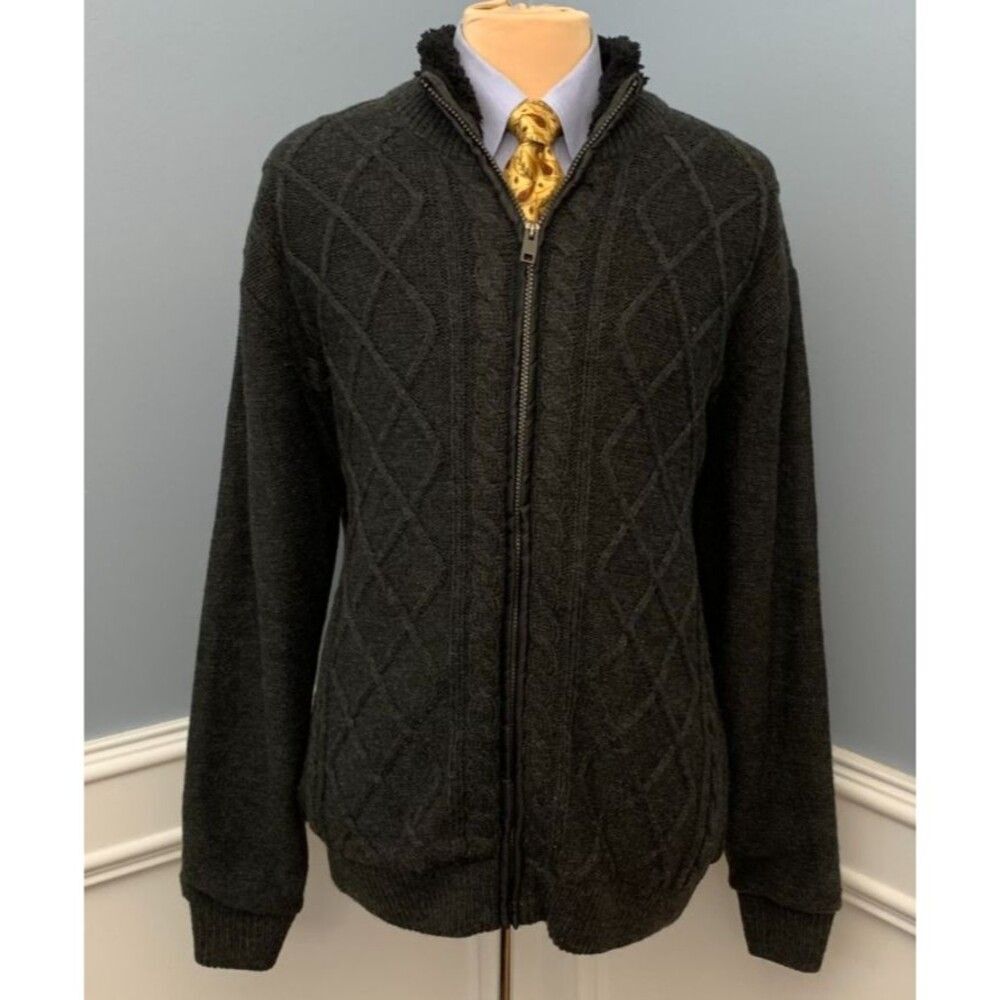Oscar de la Renta Sweater Jacket Mens XLT Faux Shearling Lined Cable Knit Zip-Up